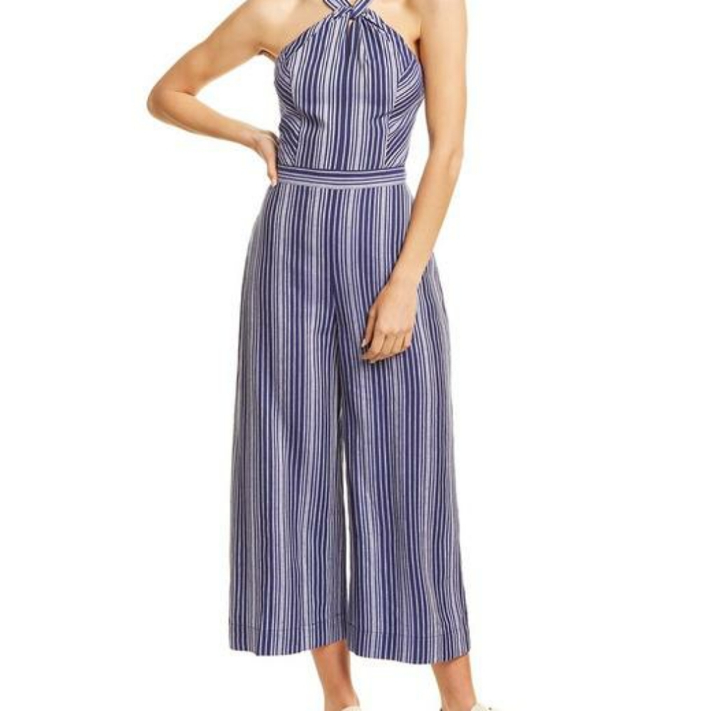 Parker Channing Linen Blend Boho Striped Classic Blue and White Beach Jumpsuit